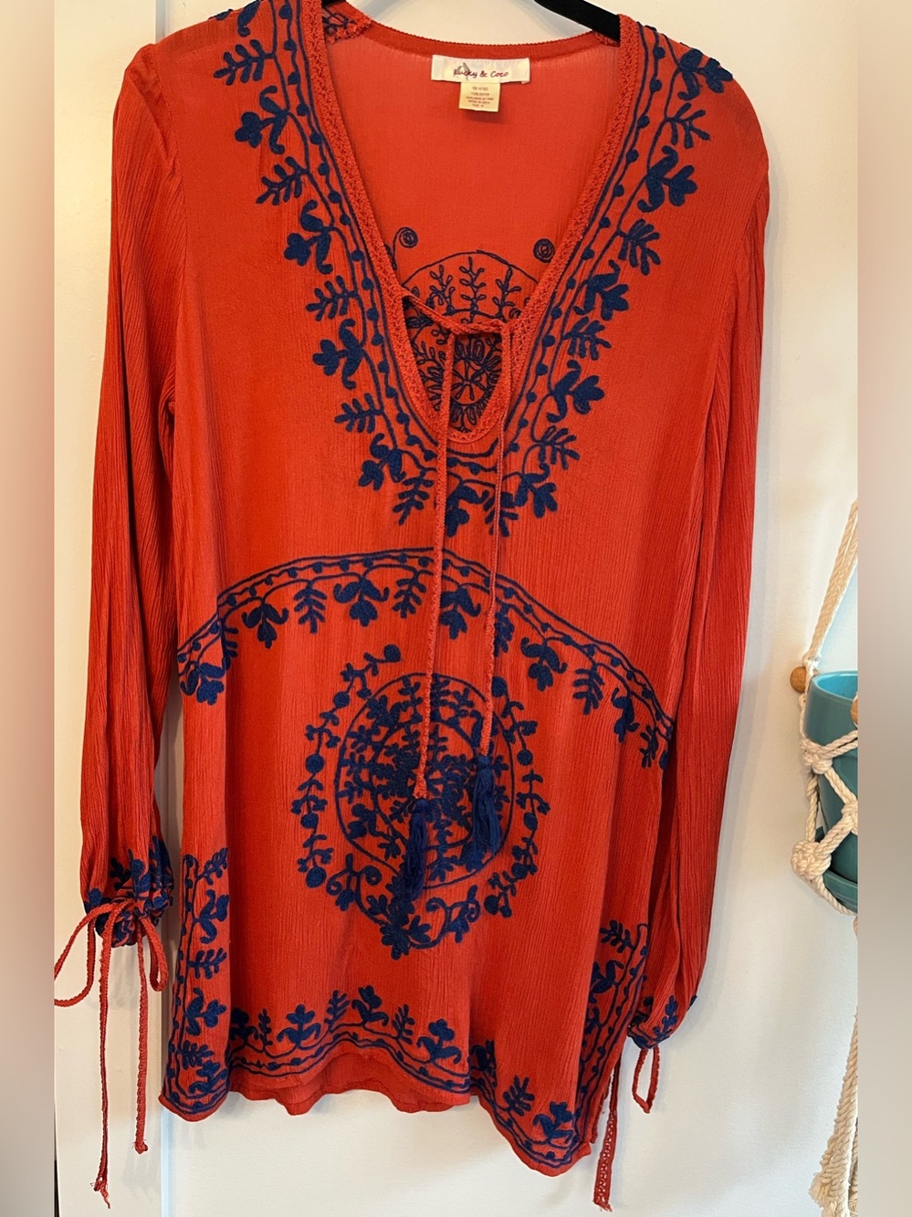 Boho Embroidered Red-Orange Long-Sleeve Tunic with Crochet Ties